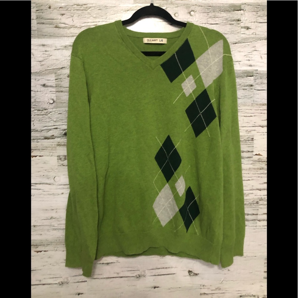 Old Navy Green V-Neck Sweater with Argyle Pattern